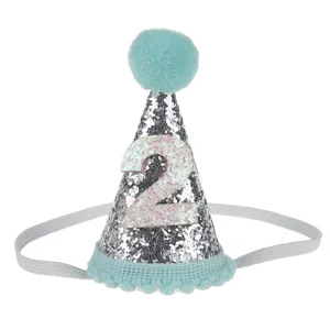 Cappello conico lucido per feste di compleanno per bambini con pon pon blu e numero 2 per neonati.