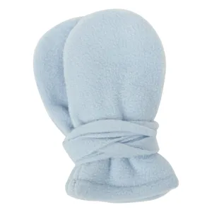 Close-up view of soft fleece baby winter mittens in light blue, showing the cozy texture.