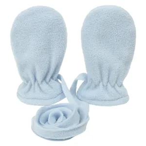 Winter baby fleece mittens with neck strap, cute blue anti-lost gloves for warm toddler wear.
