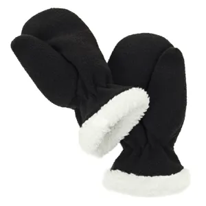 Detailopname van zwarte fleece winterwanten met comfortabele witte sherpa voering.