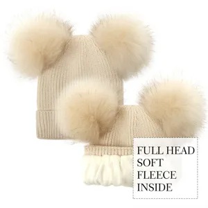Parent-child winter cute double pom pom knit hat, fleece lined warm beanie for women and kids.