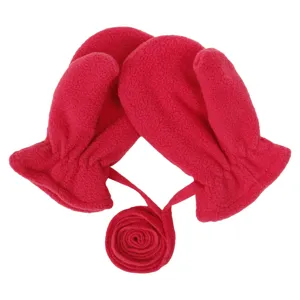 Red winter fleece mittens detail view, showcasing soft fabric texture and hanging neck strap.