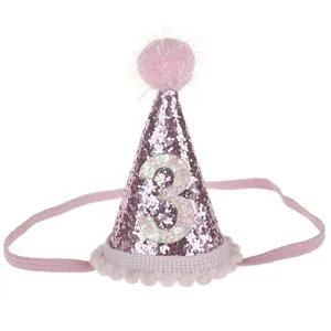 Cappello da festa di compleanno rosa glitterato con fascia elastica, numero 3 per bambini.