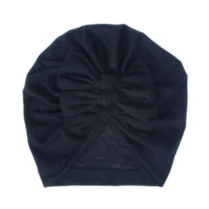 Details of soft knit pleated bow baby turban hat, dark blue infant hat for spring summer.