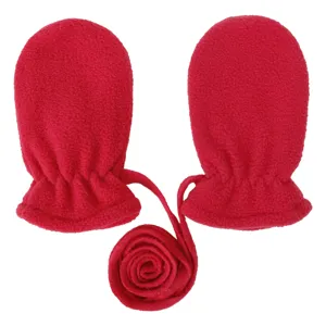 Red fleece baby winter mittens with anti-lost string warm cozy kids gloves for cold weather
