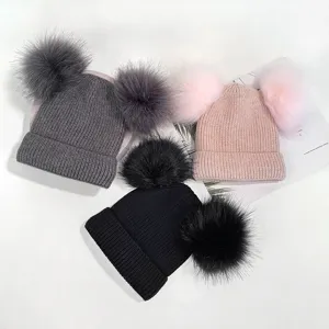Women and kids winter knit beanie hat with double fluffy fur pom poms warm cozy cap.