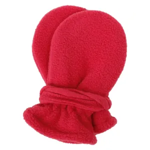 Red fleece mittens for infants and kids, featuring a warm neck strap design for outdoor winter.