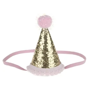 Cappello da festa di compleanno per bambini con glitter oro e pon pon rosa