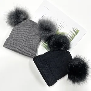 Winter warm knitted beanie hat with double faux fur pom poms for women and kids, cozy soft.
