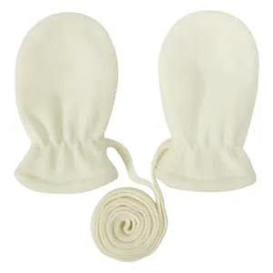 Baby fleece mittens detail, soft anti-scratch toddler gloves with neck strap, warm winter wear.