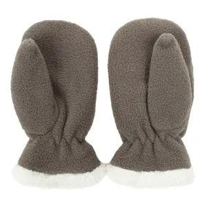Detail van grijze fleece winterwanten voor kinderen, gezellige pluche manchet, warme handschoenen.