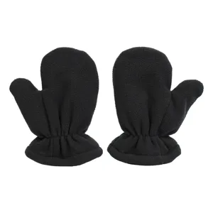 Nahaufnahme schwarzer Fleece-Winterfäustlinge für Kinder, weicher und warmer Stoff.