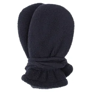 Warm fleece baby mittens with neck string, dark blue winter thermal infant gloves detail view.
