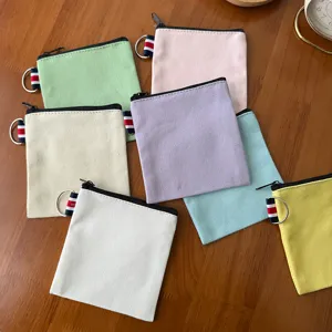 DIY Solid Canvas Square Coin Purse With Zipper Portable Small Storage Bag Tricolor Ribbon Mini Wallet For Travel Everyday