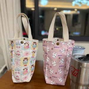 Süße Cartoon Canvas Wassertassentasche Verdickte Wasserdichte Handtasche Beflockung Tragbare Reise Tote Pouch Für Regenschirm Flasche