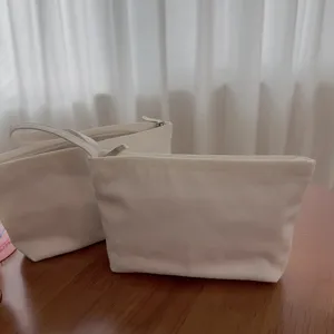 Pure white horizontal canvas zipper cosmetic bag daily travel portable storage tote bag