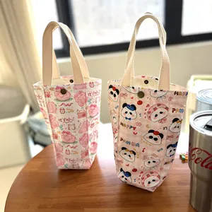 Süße Canvas Trinkflasche Tasche rosa tragbare Handtasche Schwein Panda Zeichentrick Print.