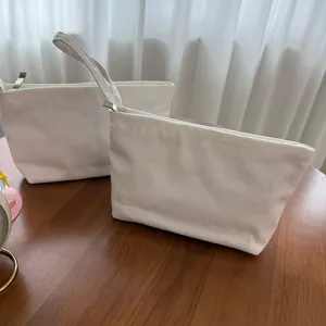Simple plain white canvas zipper bag portable travel storage pouch daily cosmetic organizer