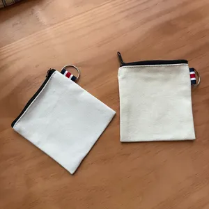 DIY solid color canvas coin purse, portable square zipper storage pouch with key ring.