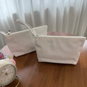 Plain White Canvas Zipper Pouch Portable Travel Storage Bag DIY Handbag Clutch Daily Use