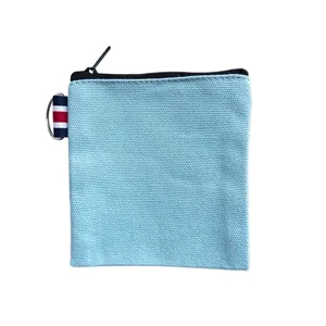Solid canvas zipper coin purse with portable ring, mini square pouch for travel and daily use.