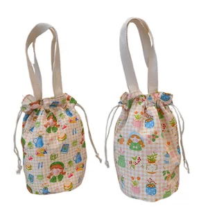 Süße Cartoon bedruckte Canvas Kordelzug Beutel Tasche, tragbare Handtasche Thermosbecher Hülle.