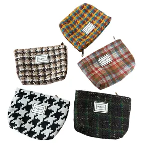 Retro Karo Wolle Kosmetiktasche tragbare Reißverschluss Aufbewahrungstasche für Damen Winter