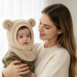Nahaufnahme des kuscheligen Plüsch Bärenohr Baby Sturmhaube Kapuzen Schals in weichem Fleece.
