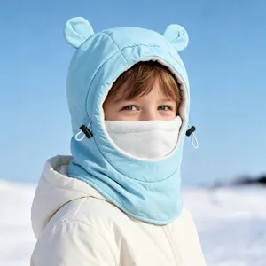 Kids windproof fleece warm balaclava hood with cute bear ears for outdoor winter sports.