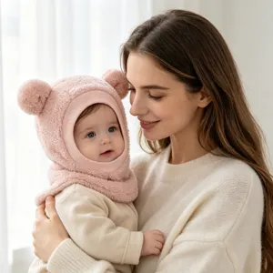 Süße Baby Bärenohren Sturmhaube Winter warme winddichte Fleece Kapuze Schal Kombi.