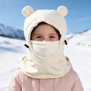 Close-up of kids fleece bear ear hooded hat outdoor snow scene windproof warm neck warmer