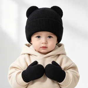 Kinder Winter Strickmütze und Handschuhe Set mit süßen Bärenohren in schwarz, warm gemütlich.