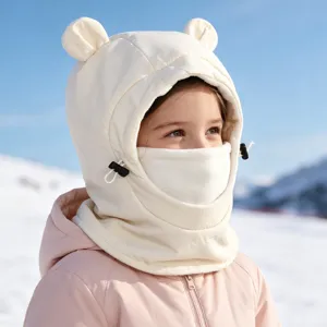 Detailed close-up of kids winter thermal hooded balaclava with cute bear ears and face mask.