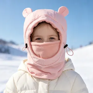 Kids cute bear ear fleece balaclava winter outdoor ski windproof warm hooded hat.