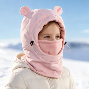 Kids winter windproof warm hooded hat with cute ears and face mask for outdoor snow sports.