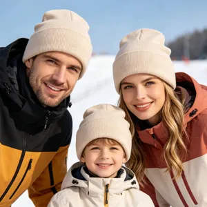 Knit beanie hat detail, warm winter cozy headwear for family outdoor activities, beige color.