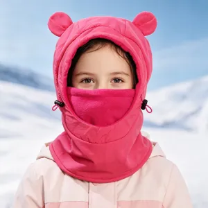 Kids winter windproof balaclava cute bear ears fleece lined warm ski hood hat pink