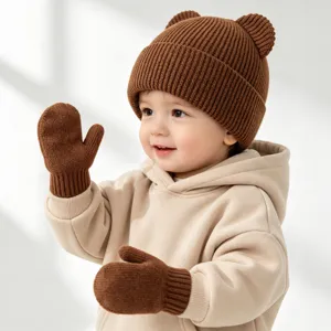 Süßes Kleinkind braun Strick Bärenohren Mütze Handschuhe Set, Winter warm Kinder Set.
