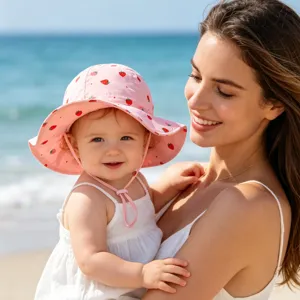 Cute baby sun hat with pink strawberry print and chin strap for outdoor beach wear.