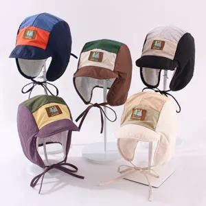 Kinder Patchwork Farbe Fliegermütze Vliesfutter Ohrenklappe Winter Warm Winddicht Bomber Aviator Mütze Für Jungen Mädchen Outdoor Ski Kappe