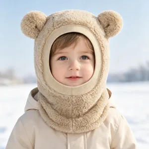 Süße Bärenohren Baby Wintermütze Schal Kombi, warme plüschige winddichte Überziehmütze.