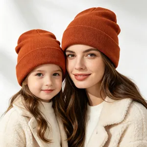 Parent-child matching knitted beanie hat, warm autumn and winter wool pullover cap for family.
