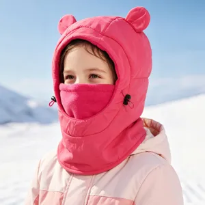 Children's cute bear ear winter windproof warm fleece ski hat with integrated neck warmer.