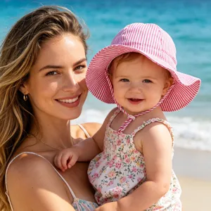 Baby pink and white striped sun hat, wide brim with chin strap for outdoor safety.