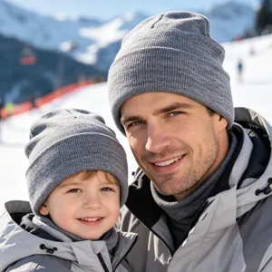 Parent-child grey knitted beanie for autumn and winter outdoor warmth, cozy warm soft cap.