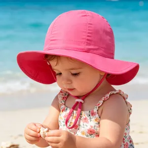 Cute toddler sun hat detail, wide brim beach sun protection, adjustable pink strap for kids.