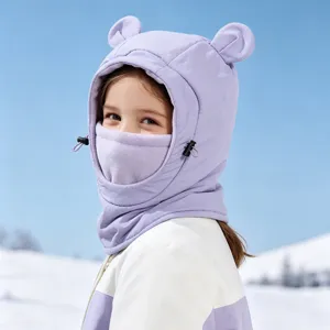 Kids windproof warm hooded hat with cute bear ears, winter outdoor ski cap for boys and girls