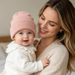 Detail view showing a cute baby wearing a soft pink knit winter beanie hat for kids warmth.