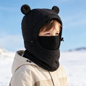 Kids winter windproof balaclava detail, cute bear ear design, warm outdoor snow hat.