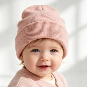 Detailed close-up view of the soft pink knitted baby beanie showing fine rib texture and cozy knit.